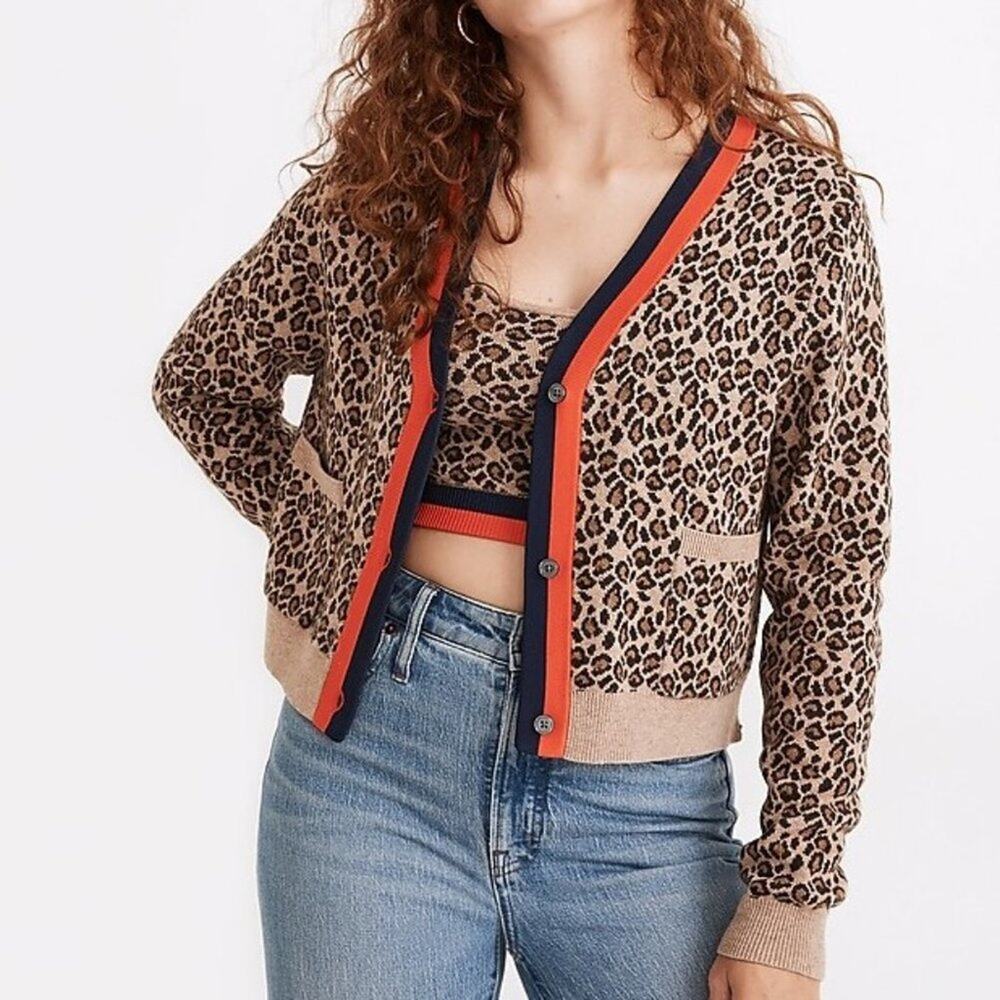 KULE Milo Leopard Cardigan Sweater XS Cashmere Lambswool Stripe Trim Designer
